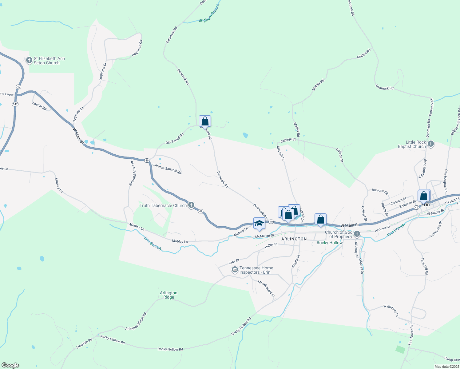 map of restaurants, bars, coffee shops, grocery stores, and more near 5401 Denmark Road in Erin