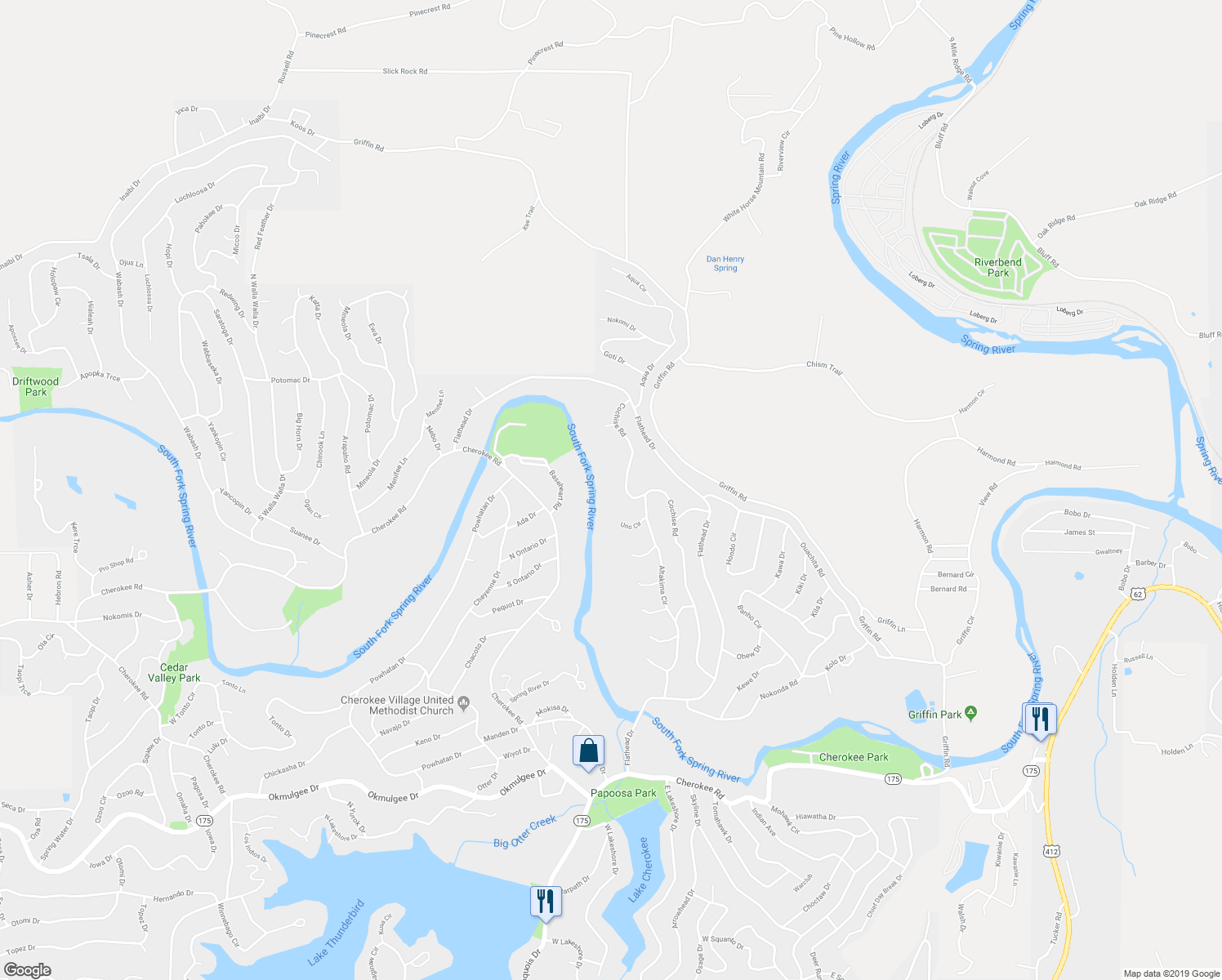 map of restaurants, bars, coffee shops, grocery stores, and more near 31 Cochise Road in Cherokee Village