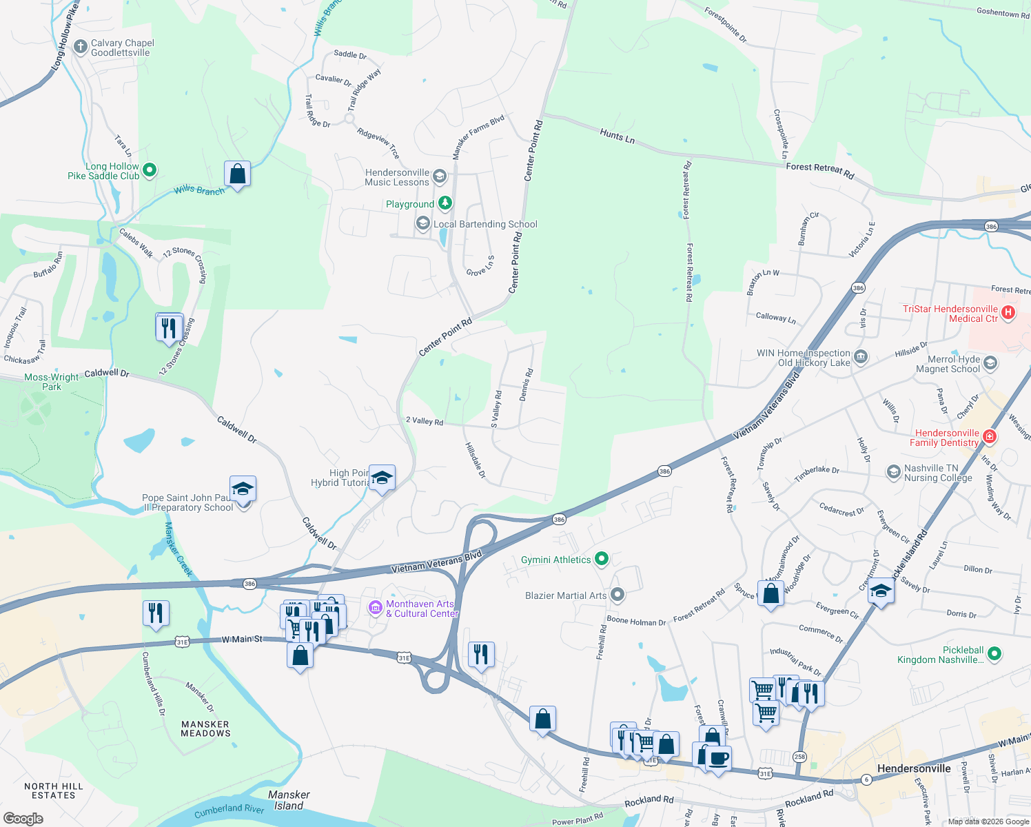 map of restaurants, bars, coffee shops, grocery stores, and more near 122 Dennis Road in Hendersonville