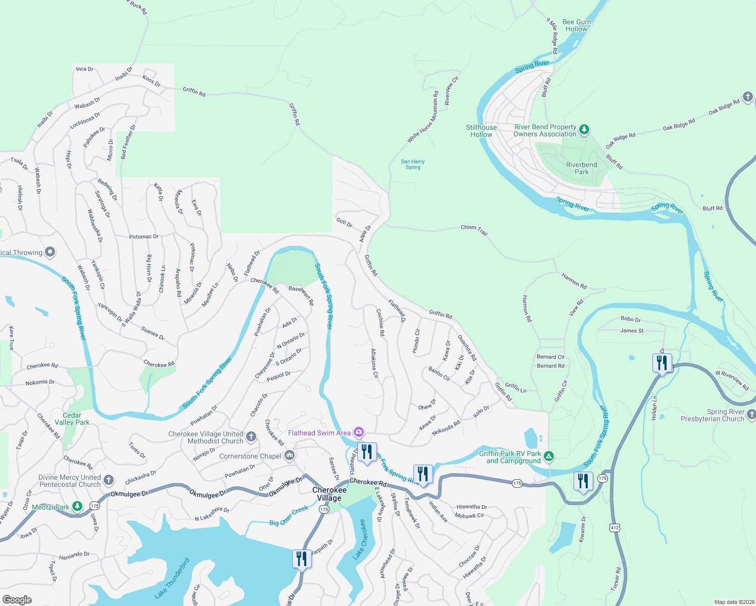 map of restaurants, bars, coffee shops, grocery stores, and more near 40 Cochise Road in Cherokee Village