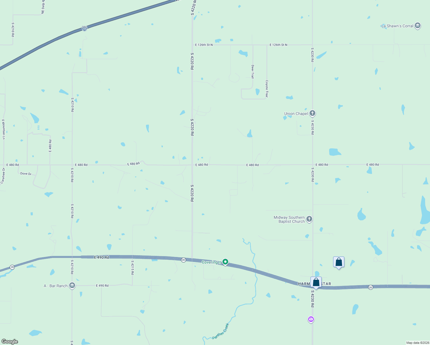map of restaurants, bars, coffee shops, grocery stores, and more near 19112 East 480 Road in Claremore