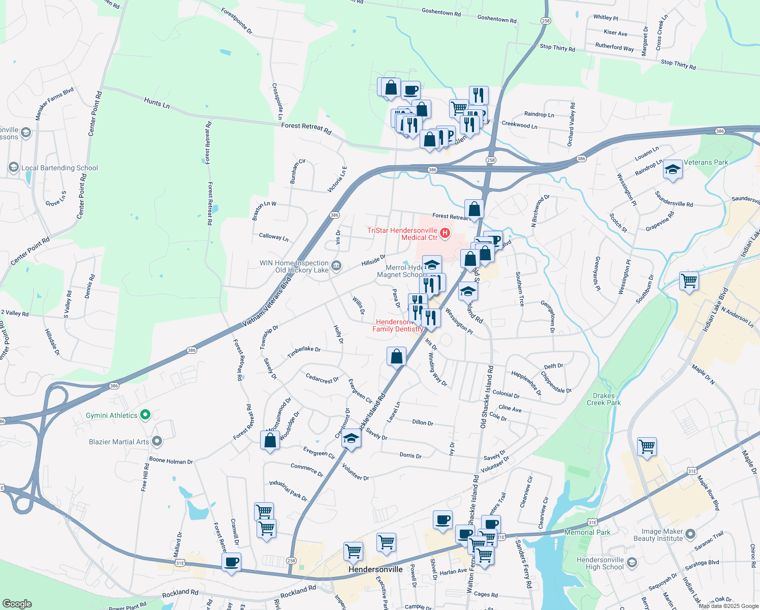 map of restaurants, bars, coffee shops, grocery stores, and more near 108 Iris Ct in Hendersonville