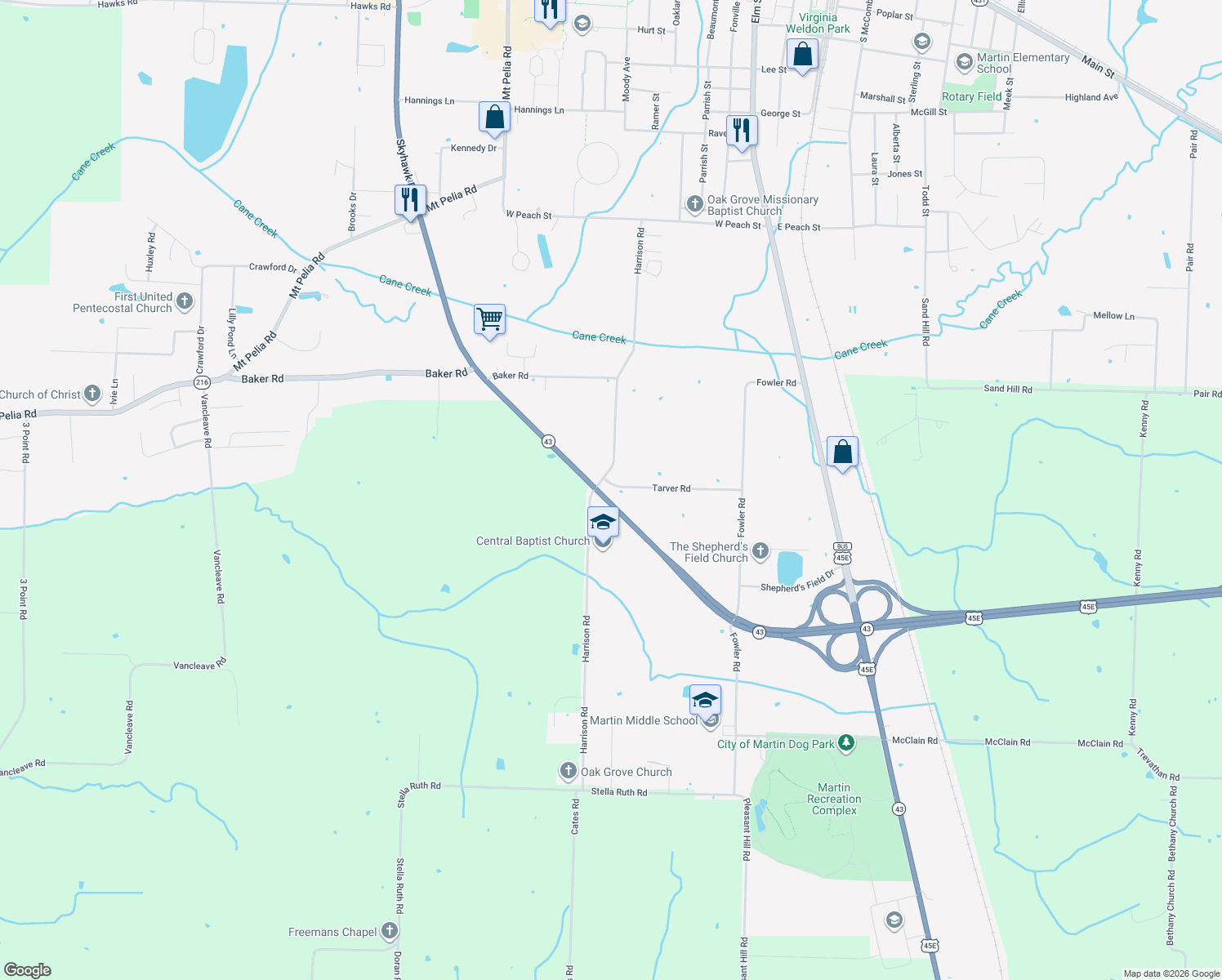 map of restaurants, bars, coffee shops, grocery stores, and more near 120 Tarver Road in Martin