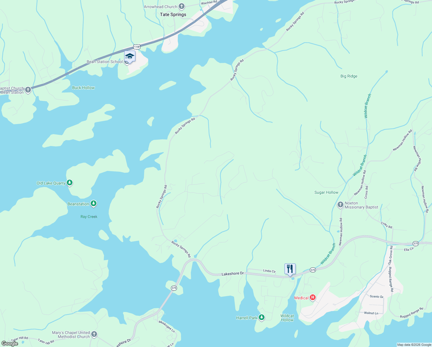 map of restaurants, bars, coffee shops, grocery stores, and more near Huckleberry Hollow Road in Bean Station