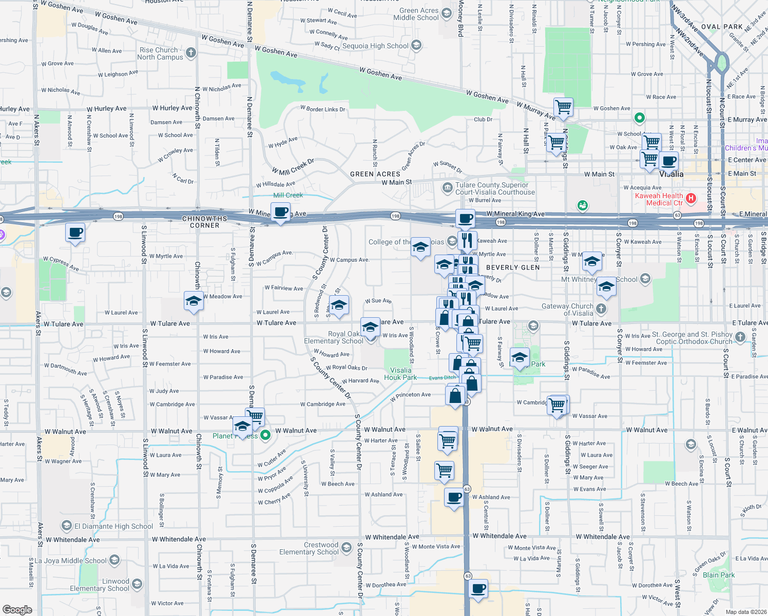 map of restaurants, bars, coffee shops, grocery stores, and more near 2704 West Laurel Avenue in Visalia
