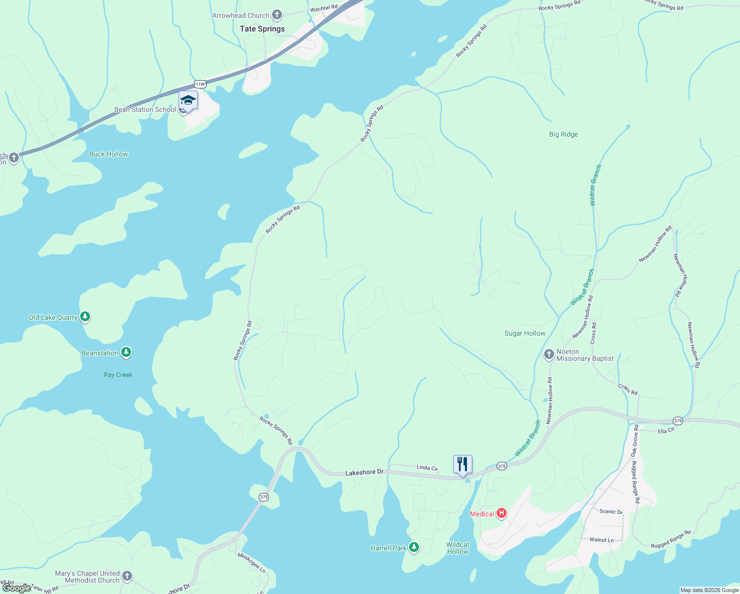 map of restaurants, bars, coffee shops, grocery stores, and more near Huckleberry Lane in Bean Station