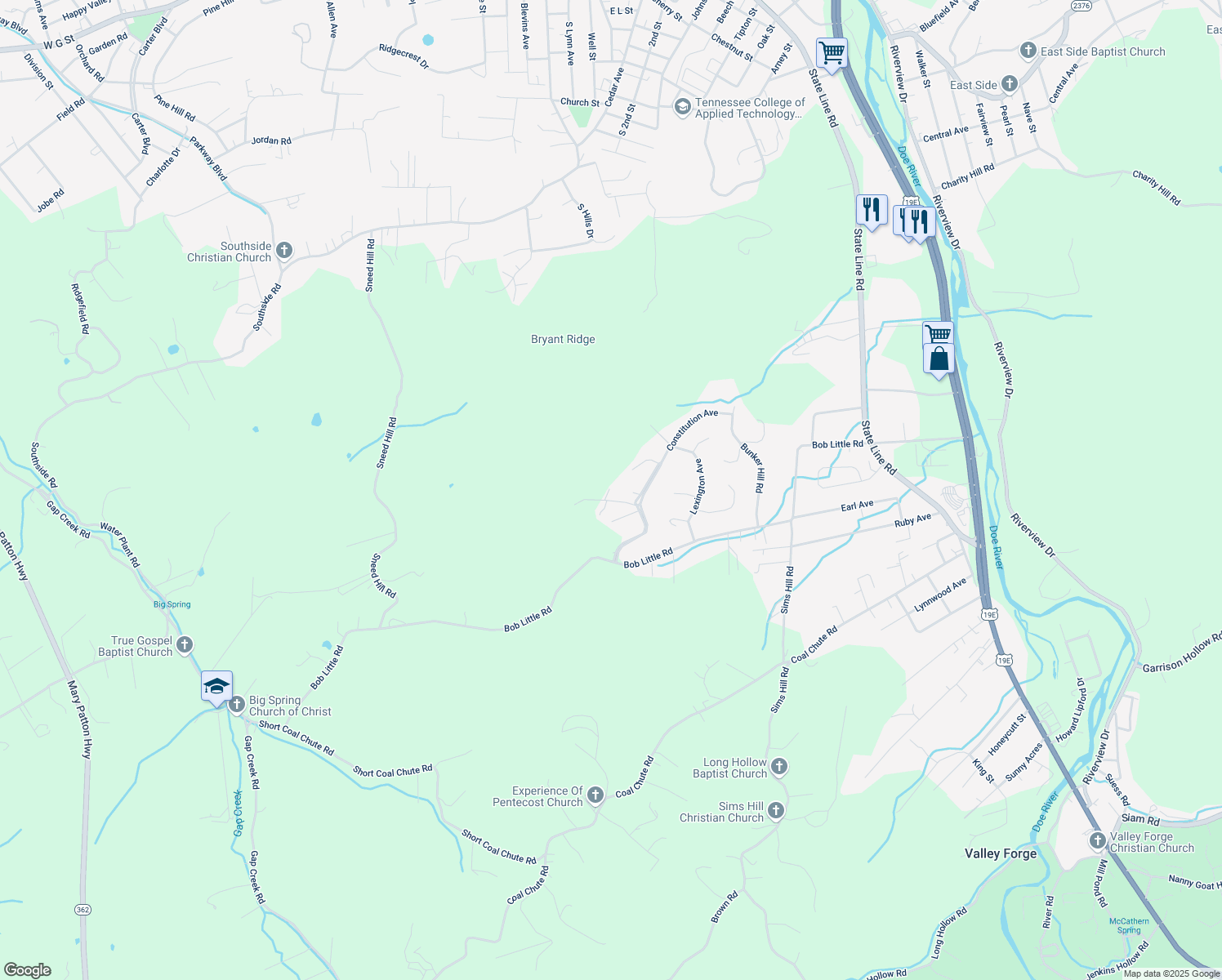 map of restaurants, bars, coffee shops, grocery stores, and more near Asher Ct in Elizabethton