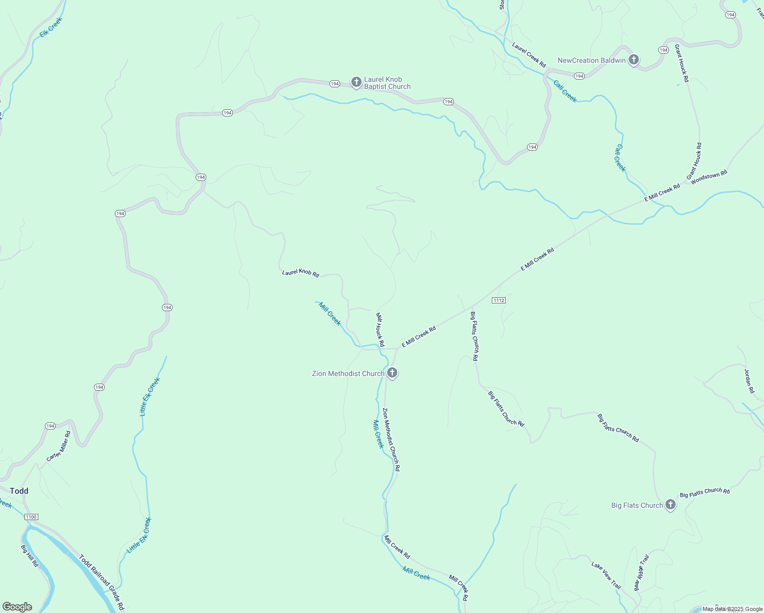 map of restaurants, bars, coffee shops, grocery stores, and more near 210 Milt Houck Road in Todd