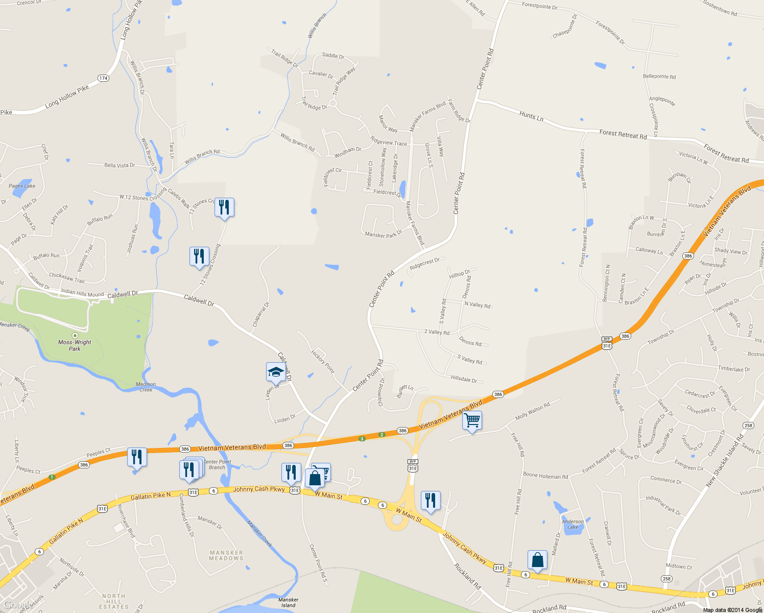 map of restaurants, bars, coffee shops, grocery stores, and more near 1210 Center Point Road in Hendersonville