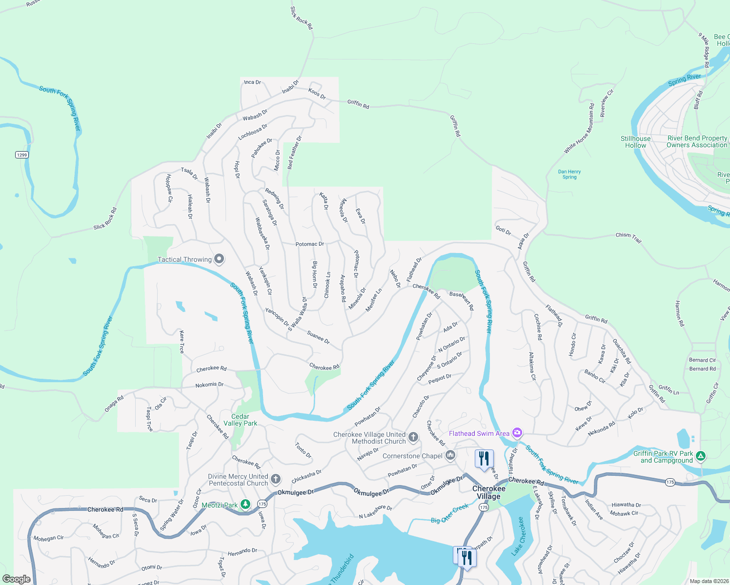 map of restaurants, bars, coffee shops, grocery stores, and more near 17 Mineola Drive in Cherokee Village