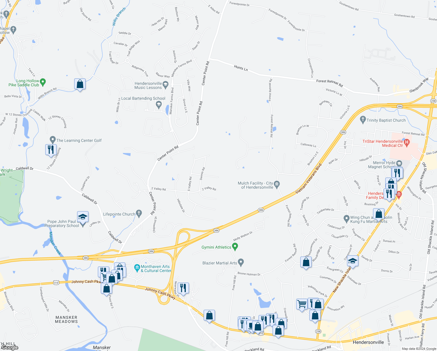 map of restaurants, bars, coffee shops, grocery stores, and more near 123 North Valley Road in Hendersonville