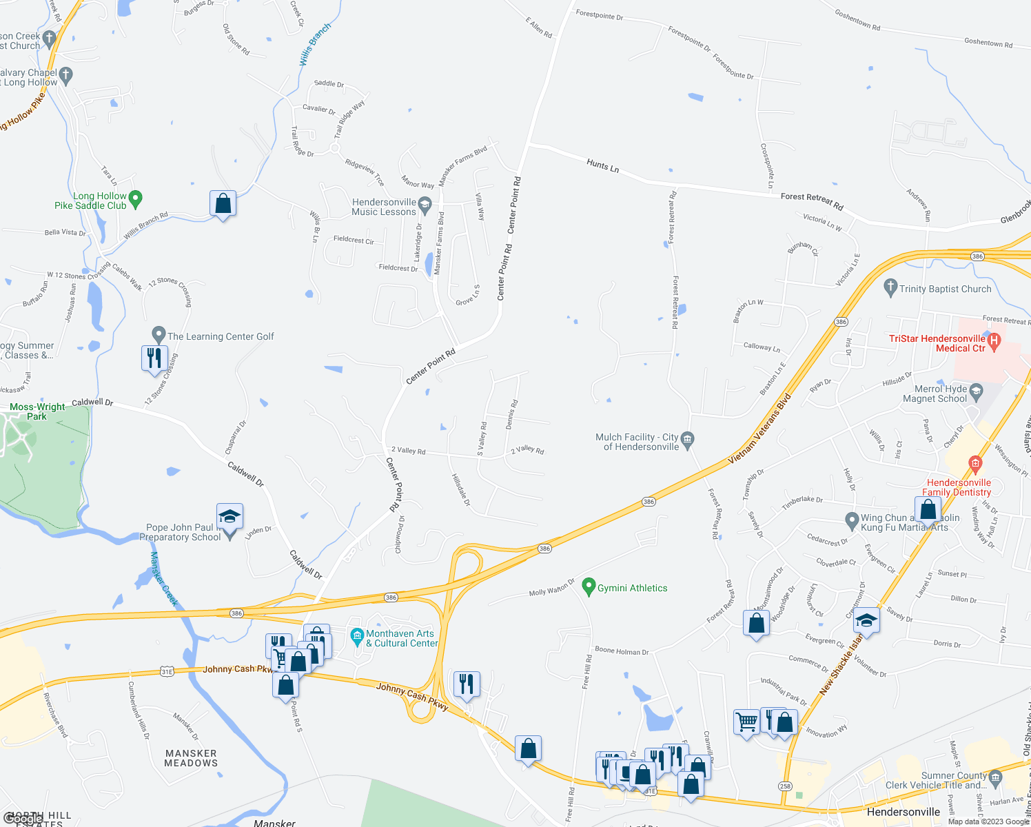 map of restaurants, bars, coffee shops, grocery stores, and more near 109 North Valley Road in Hendersonville