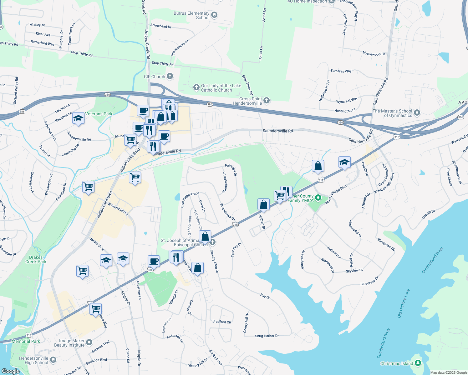 map of restaurants, bars, coffee shops, grocery stores, and more near 113 Fairways Drive in Hendersonville