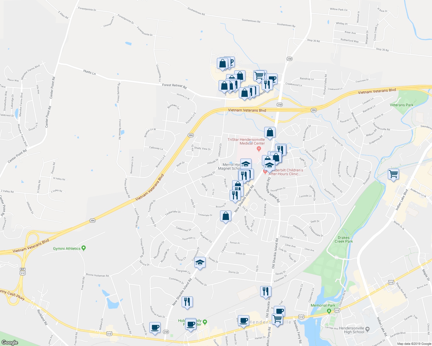 map of restaurants, bars, coffee shops, grocery stores, and more near 135 Township Drive in Hendersonville