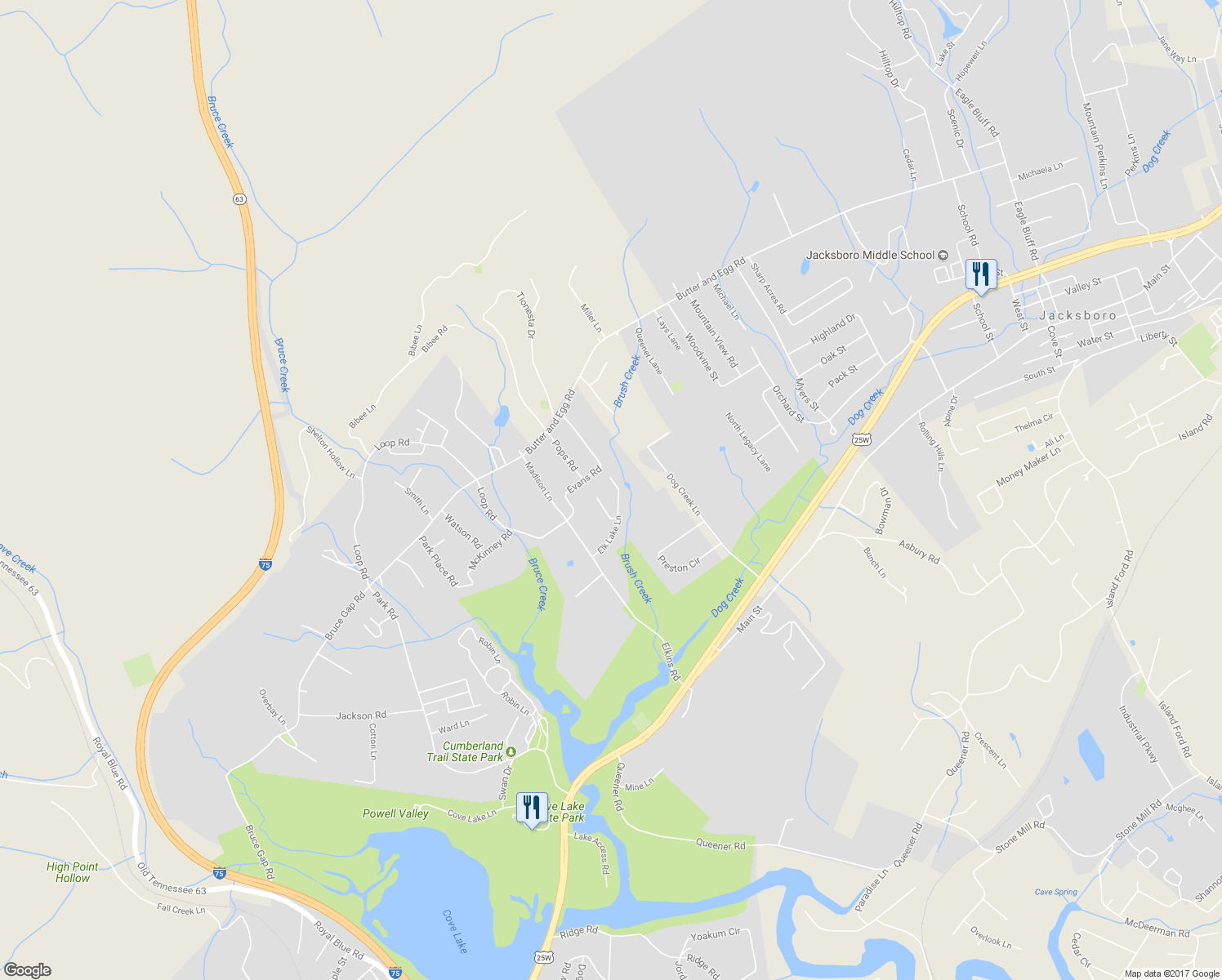 map of restaurants, bars, coffee shops, grocery stores, and more near 217 Elk Lake Lane in Jacksboro