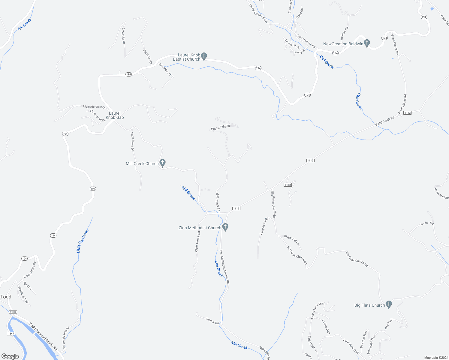 map of restaurants, bars, coffee shops, grocery stores, and more near 387 Milt Houck Road in Todd