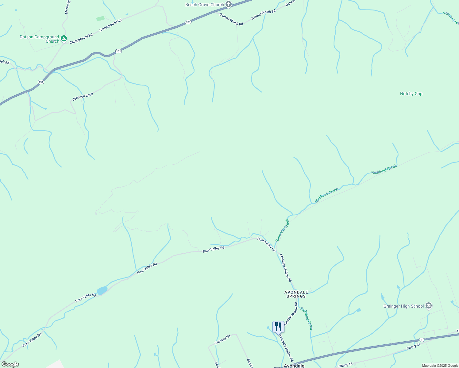 map of restaurants, bars, coffee shops, grocery stores, and more near 202 Thurl Cameron Lane in Rutledge