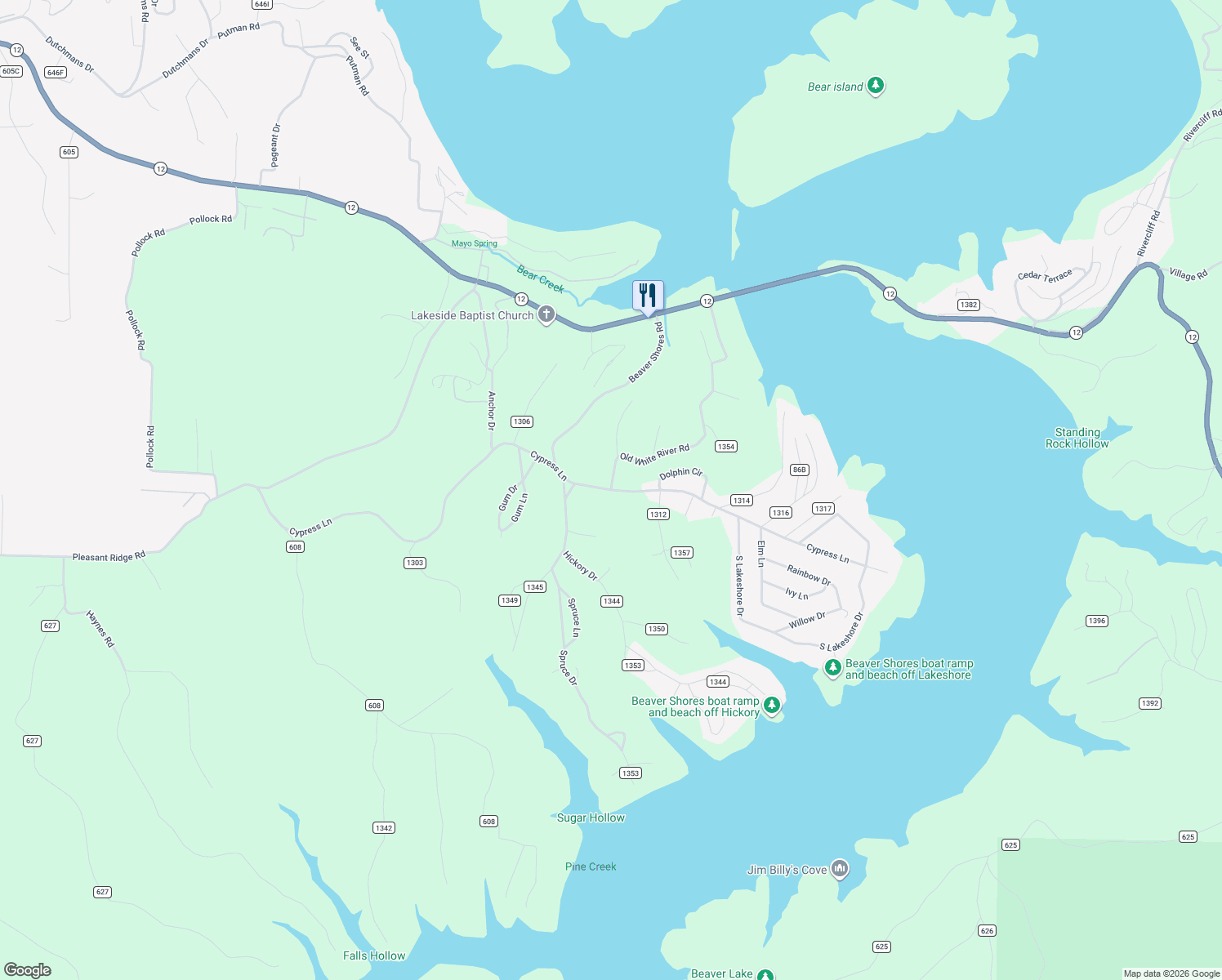 map of restaurants, bars, coffee shops, grocery stores, and more near 310 Old White River Road in Rogers