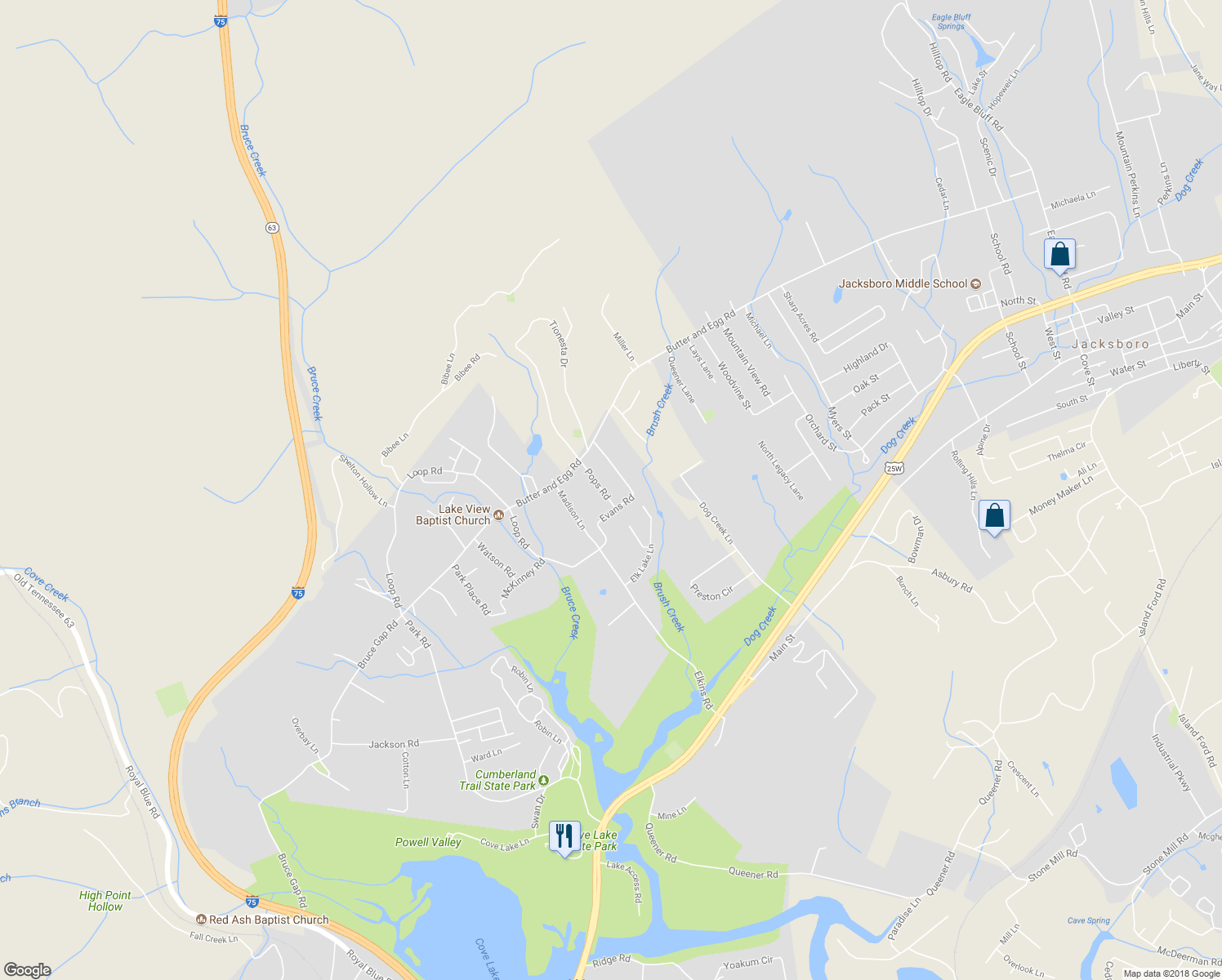 map of restaurants, bars, coffee shops, grocery stores, and more near 165 Pops Road in Jacksboro