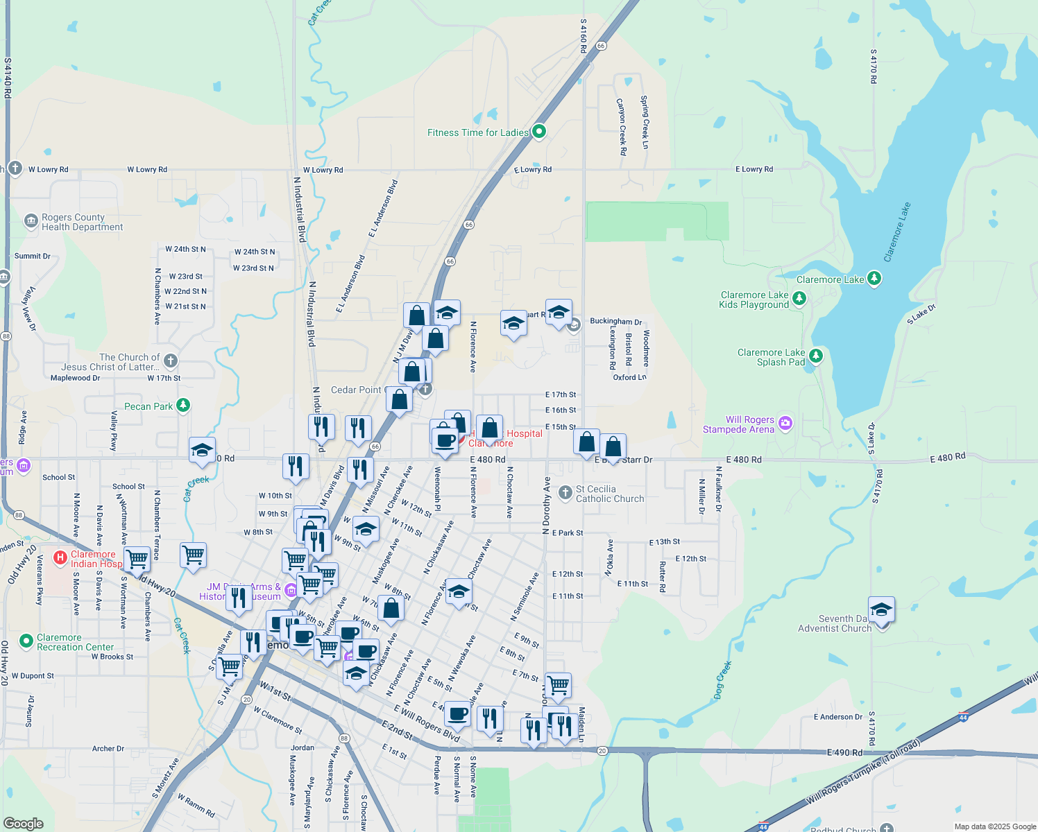 map of restaurants, bars, coffee shops, grocery stores, and more near 1504 North Choctaw Place in Claremore