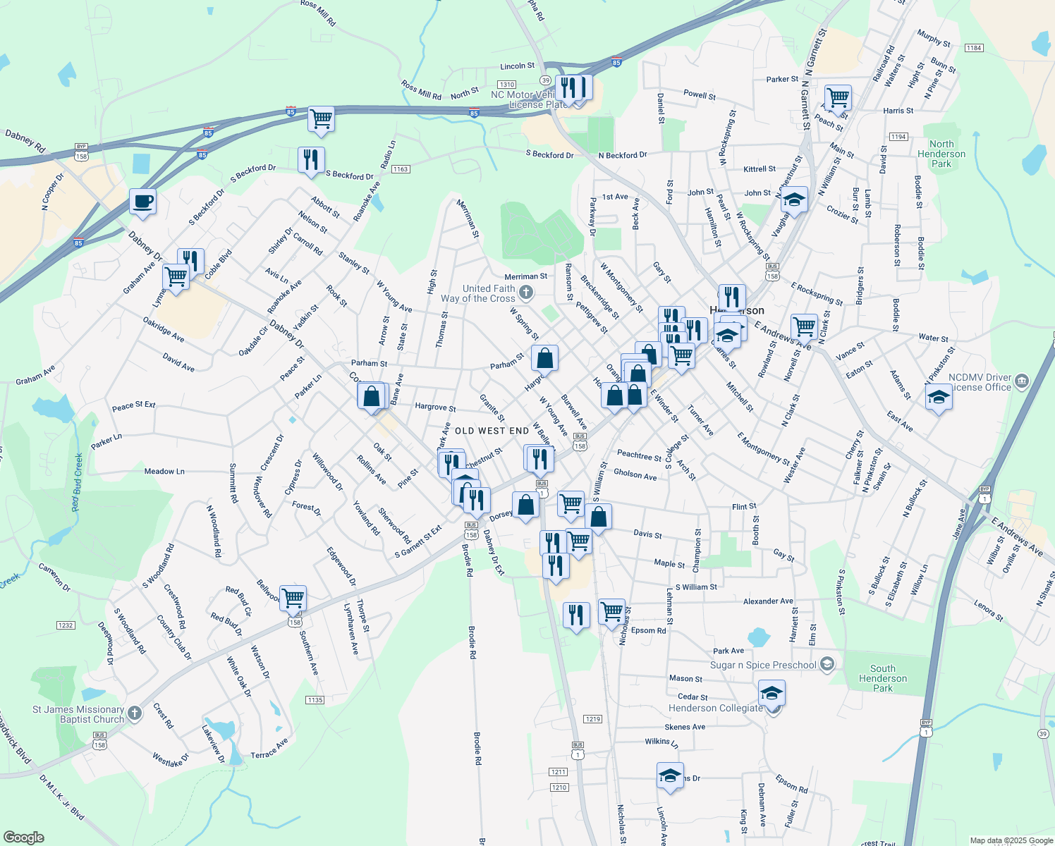 map of restaurants, bars, coffee shops, grocery stores, and more near 920 South Chestnut Street in Henderson