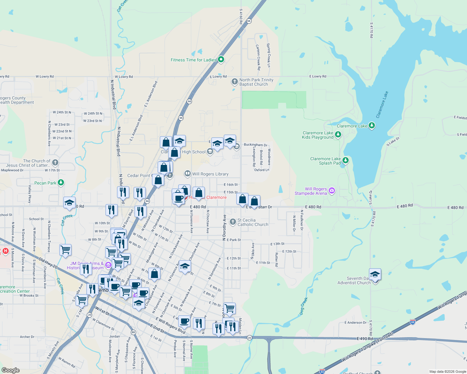 map of restaurants, bars, coffee shops, grocery stores, and more near 325 East 16th Street in Claremore
