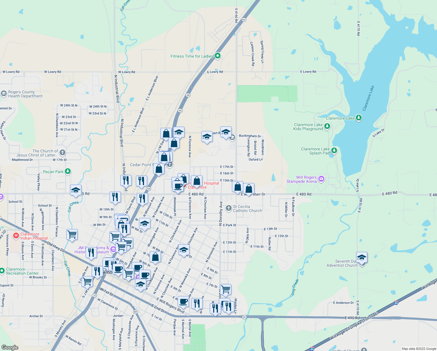 map of restaurants, bars, coffee shops, grocery stores, and more near 305 E 16th St in Claremore