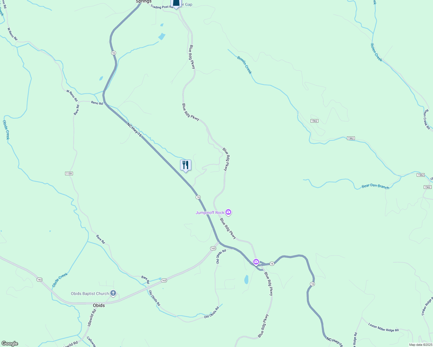 map of restaurants, bars, coffee shops, grocery stores, and more near 165 Foggy Ridge Drive in West Jefferson