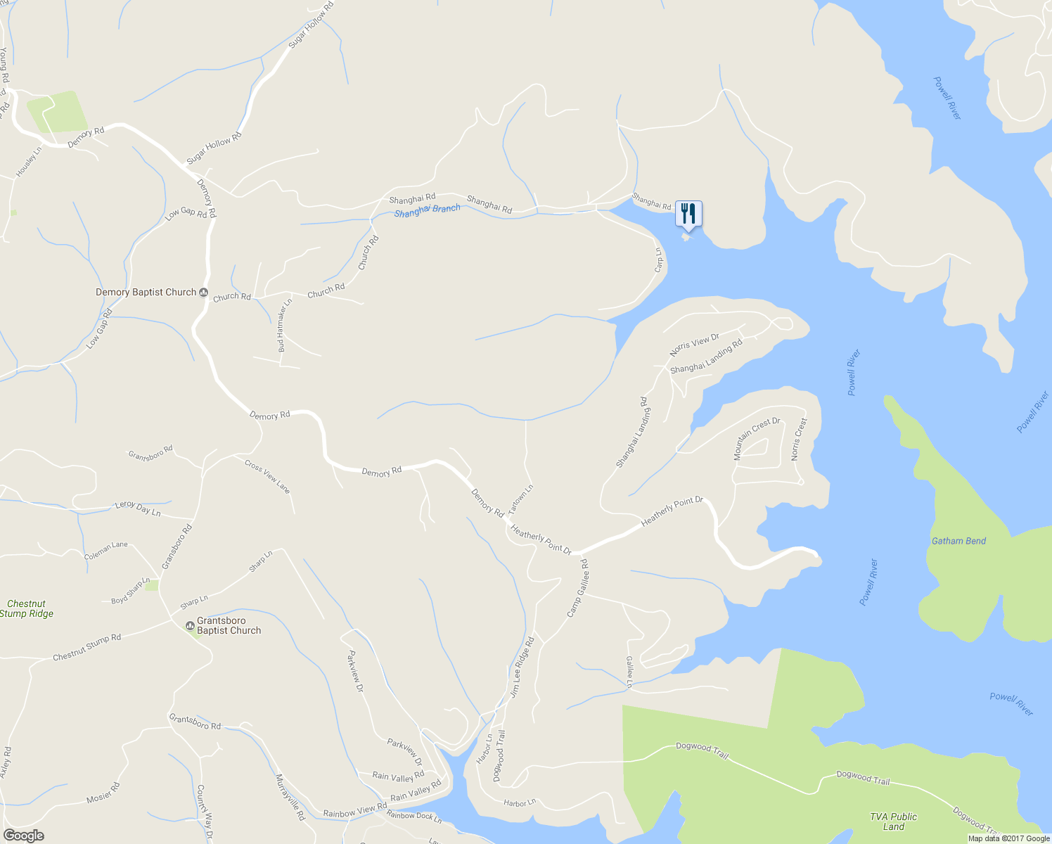 map of restaurants, bars, coffee shops, grocery stores, and more near 165 Tartown Lane in LaFollette