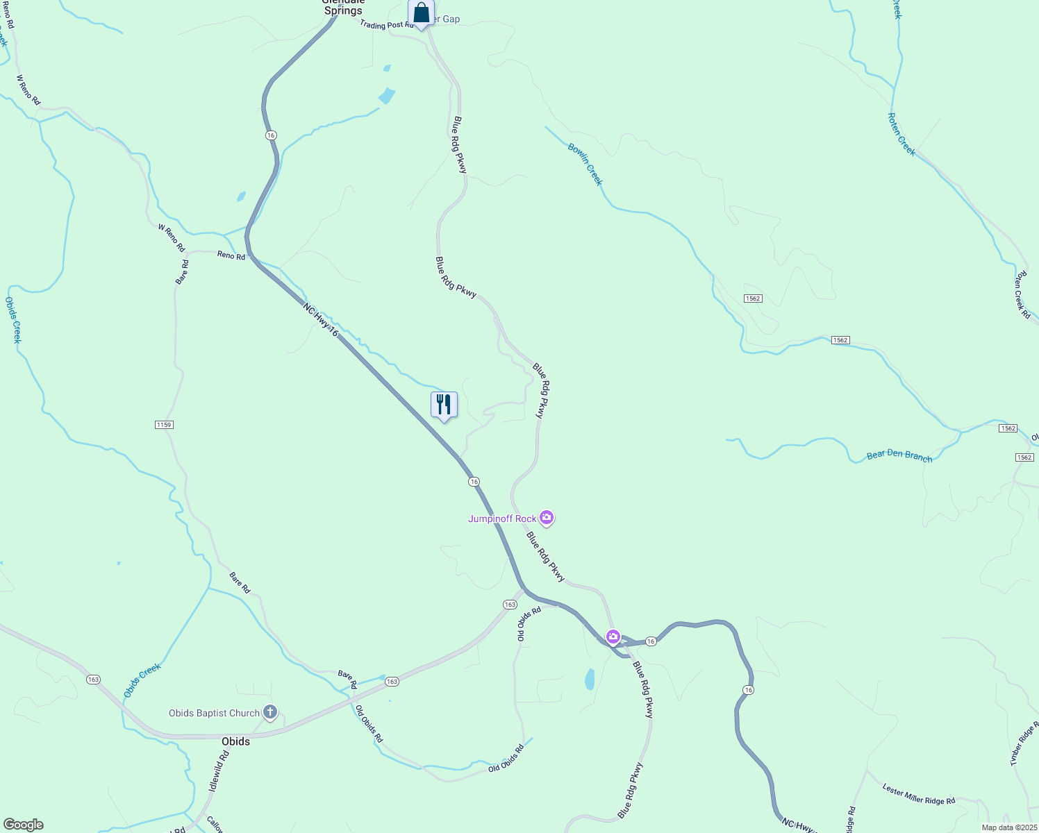 map of restaurants, bars, coffee shops, grocery stores, and more near 192 Foggy Ridge Drive in West Jefferson