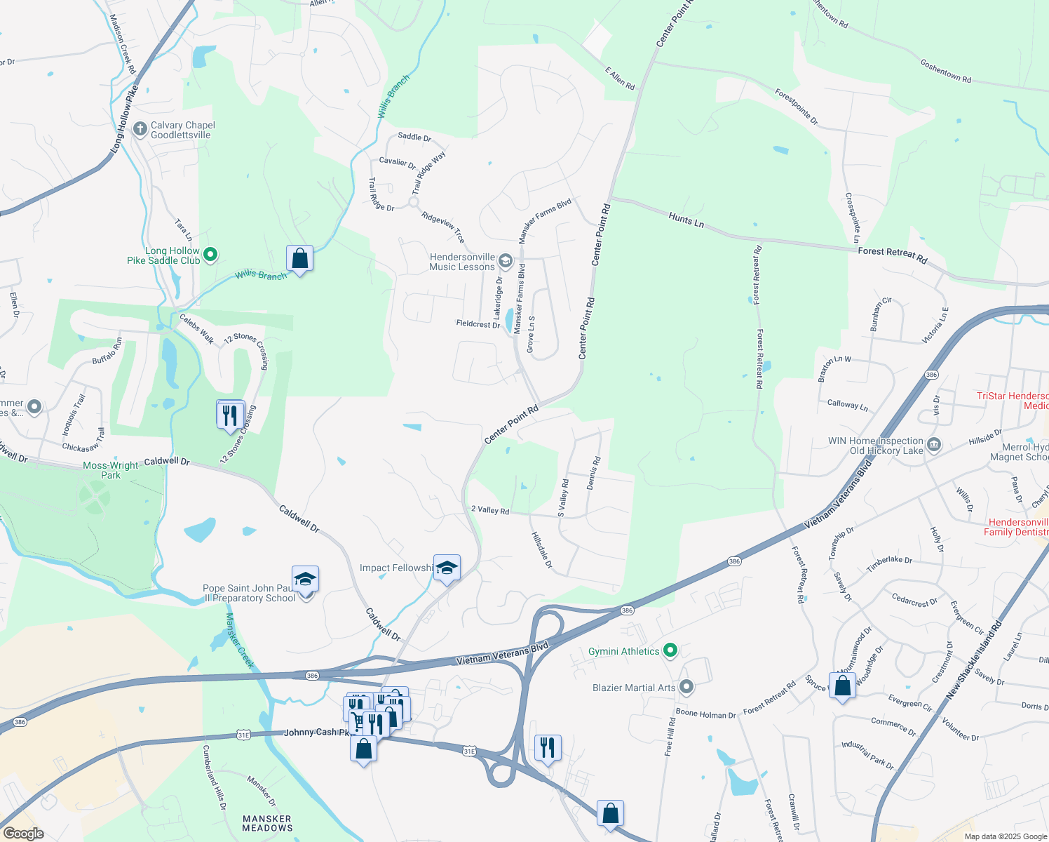 map of restaurants, bars, coffee shops, grocery stores, and more near 103 Ridgecrest Drive in Hendersonville