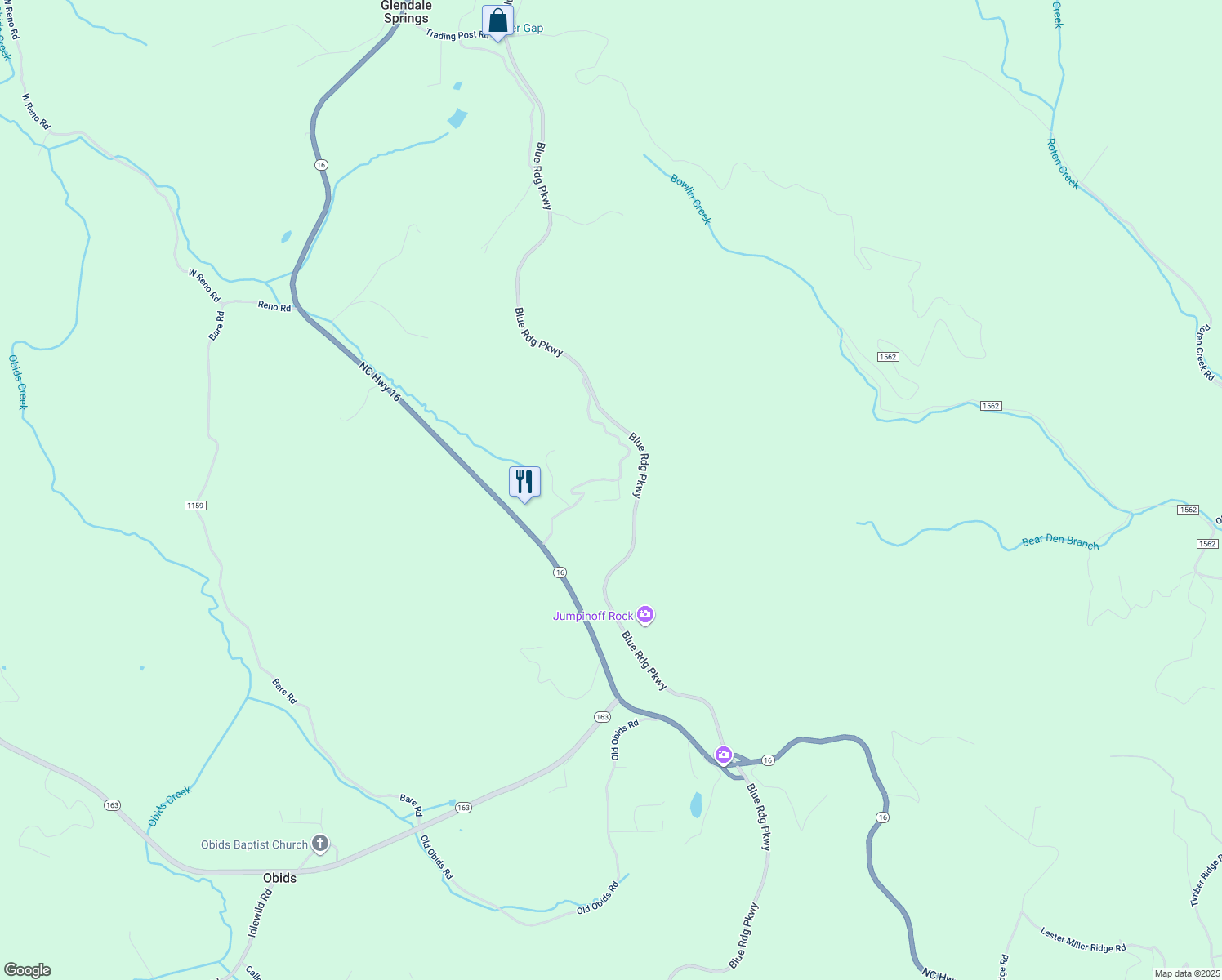 map of restaurants, bars, coffee shops, grocery stores, and more near 192 Foggy Ridge Drive in West Jefferson