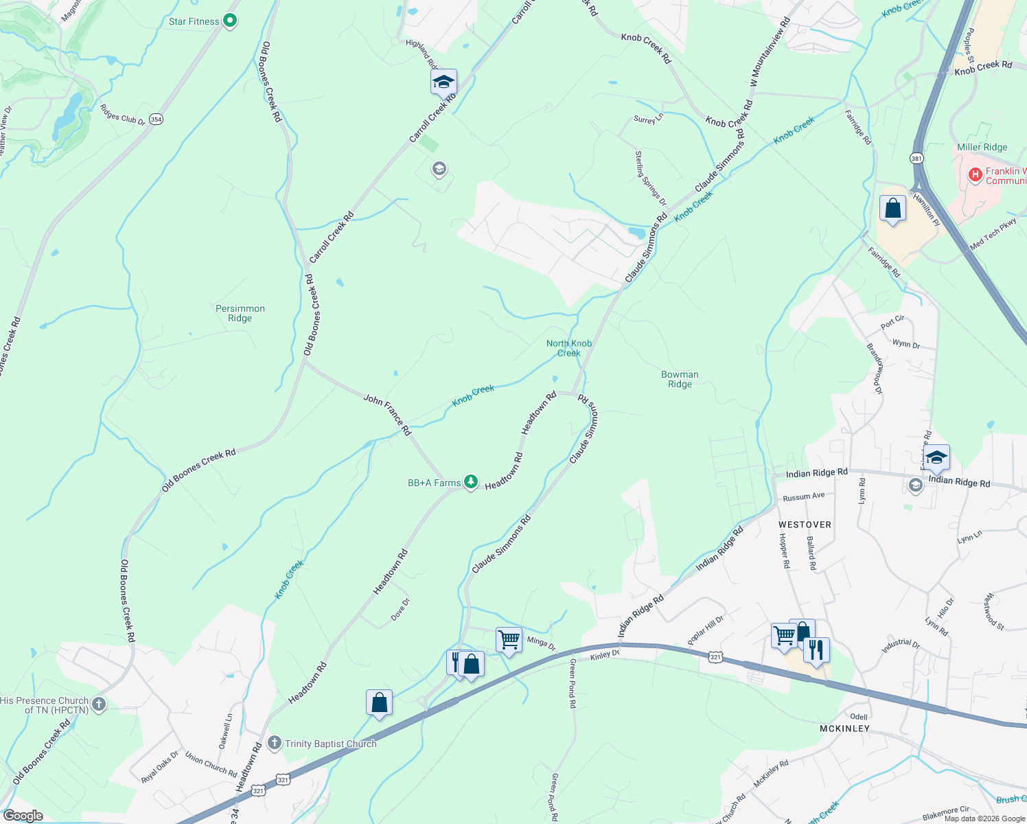 map of restaurants, bars, coffee shops, grocery stores, and more near 669 Headtown Road in Jonesborough