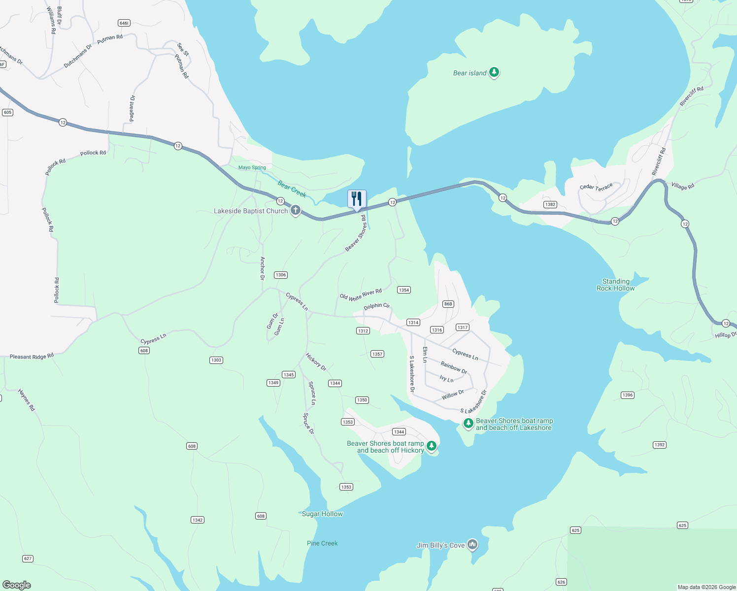 map of restaurants, bars, coffee shops, grocery stores, and more near 8078 Old White River Road in Rogers