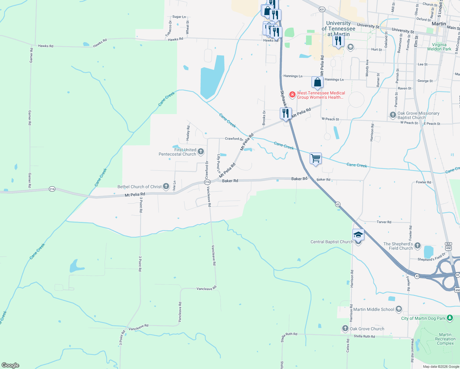 map of restaurants, bars, coffee shops, grocery stores, and more near 123 Baker Rd in Martin