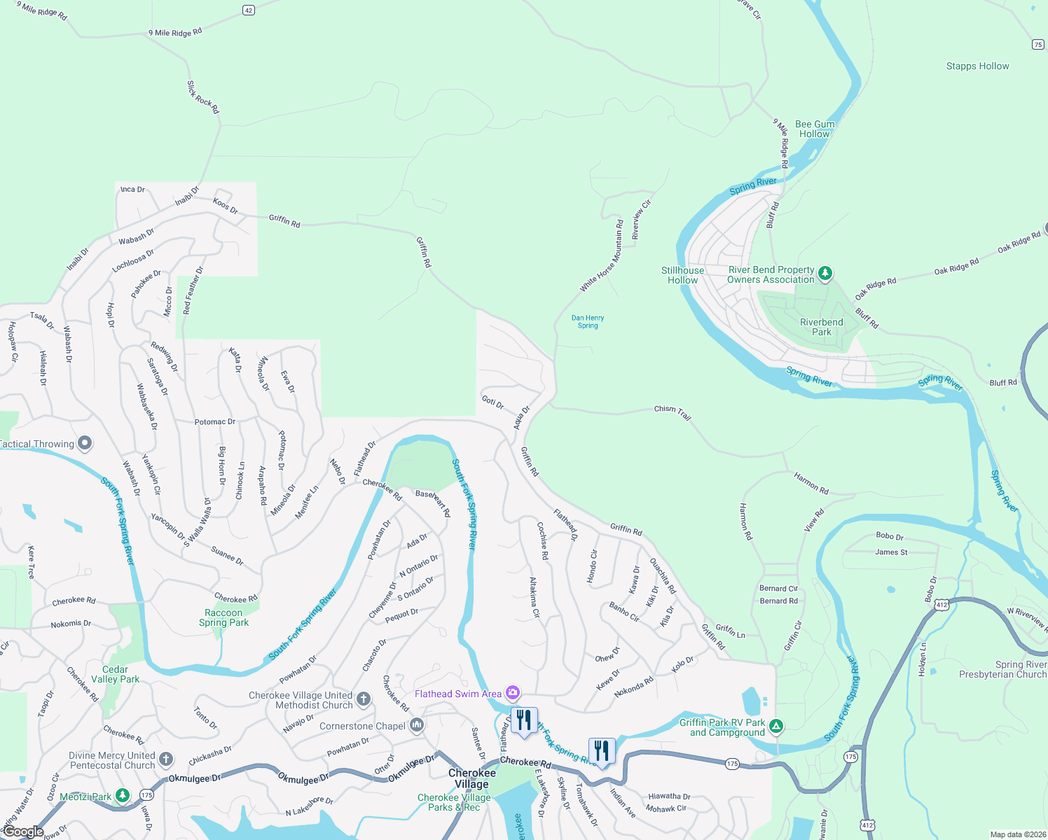 map of restaurants, bars, coffee shops, grocery stores, and more near 9 Aqua Drive in Cherokee Village