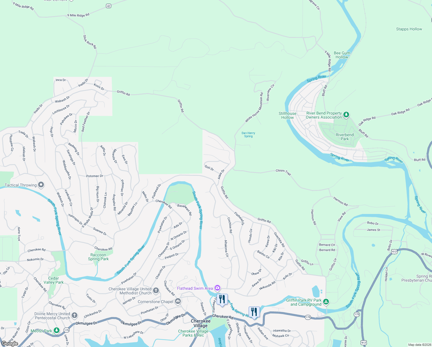 map of restaurants, bars, coffee shops, grocery stores, and more near 9 Aqua Drive in Cherokee Village