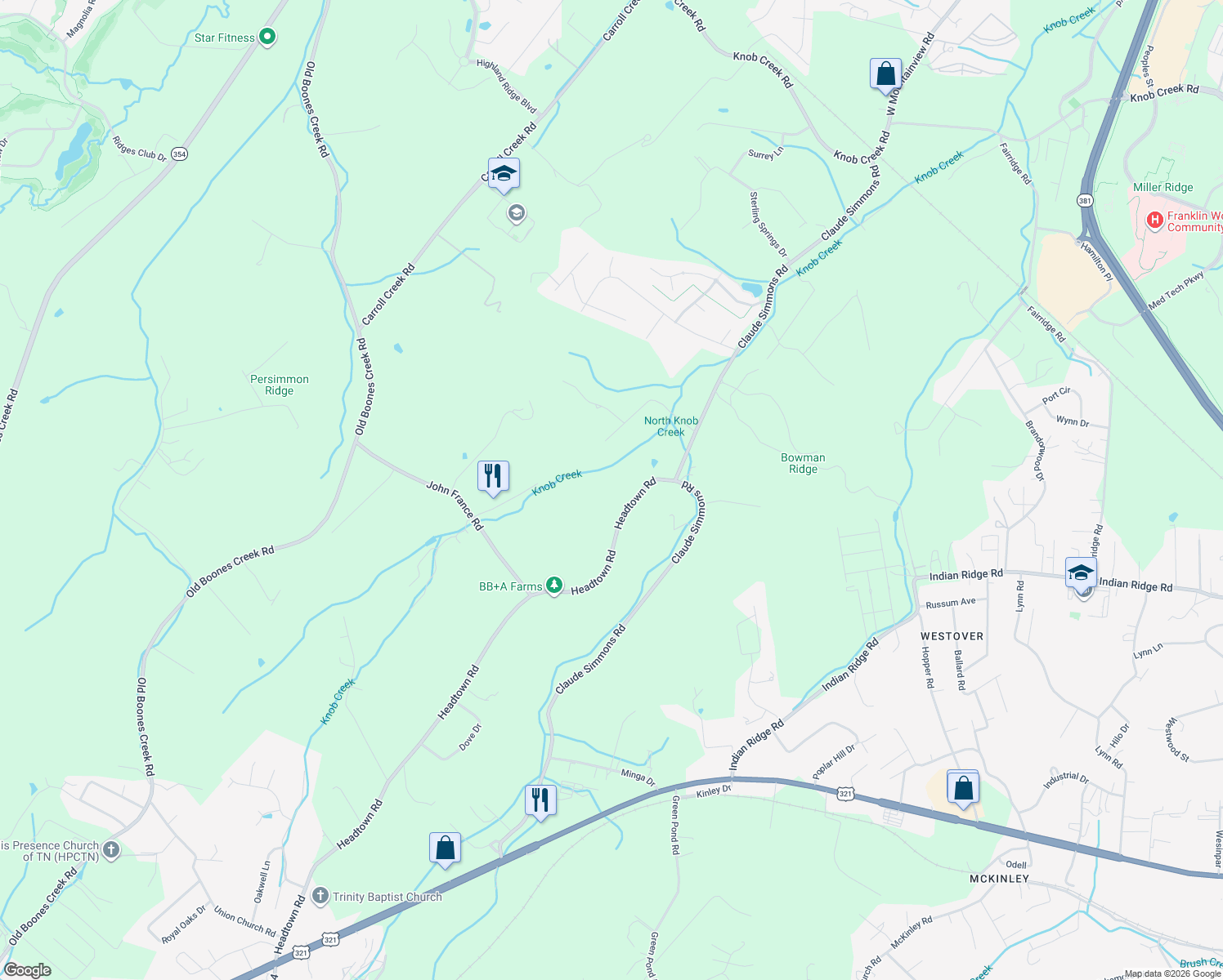 map of restaurants, bars, coffee shops, grocery stores, and more near 669 Headtown Road in Jonesborough