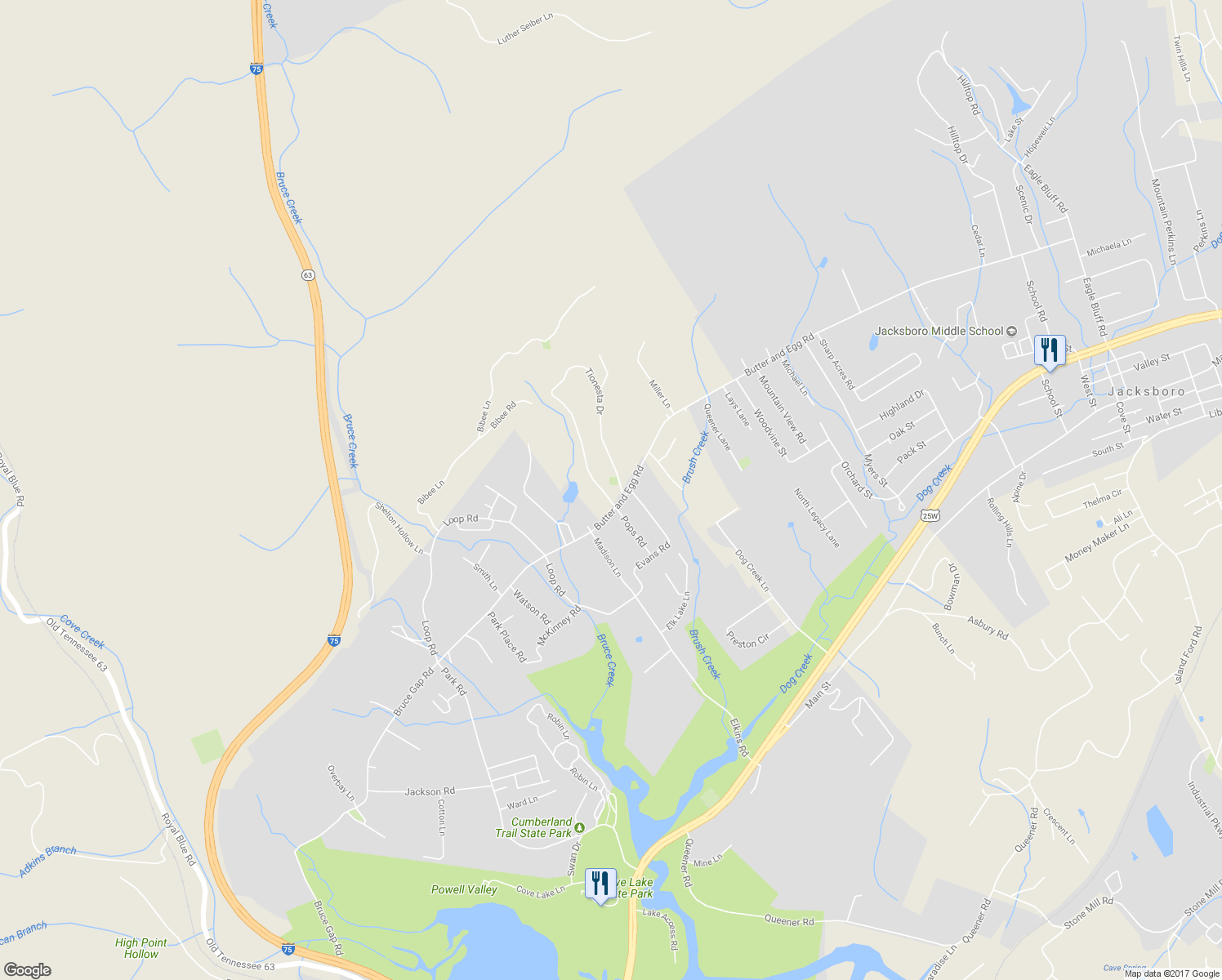 map of restaurants, bars, coffee shops, grocery stores, and more near 890 Butter and Egg Road in Jacksboro
