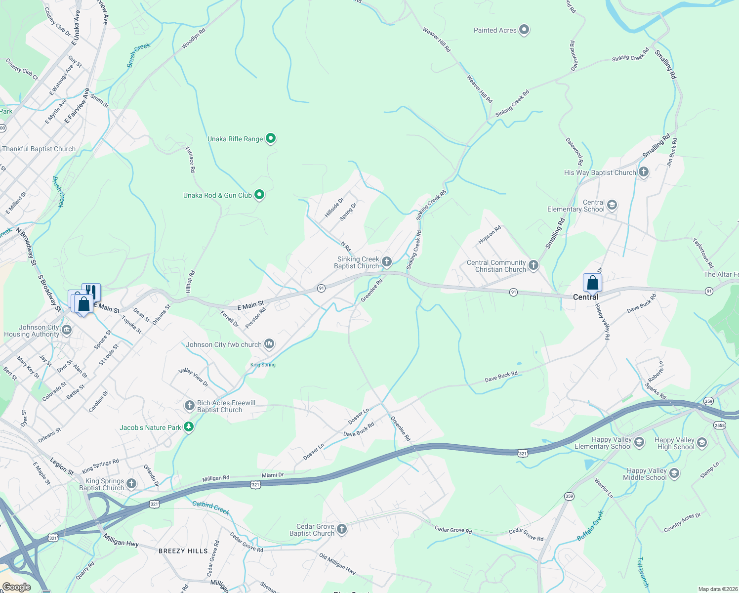 map of restaurants, bars, coffee shops, grocery stores, and more near 118 Greenlee Road in Johnson City