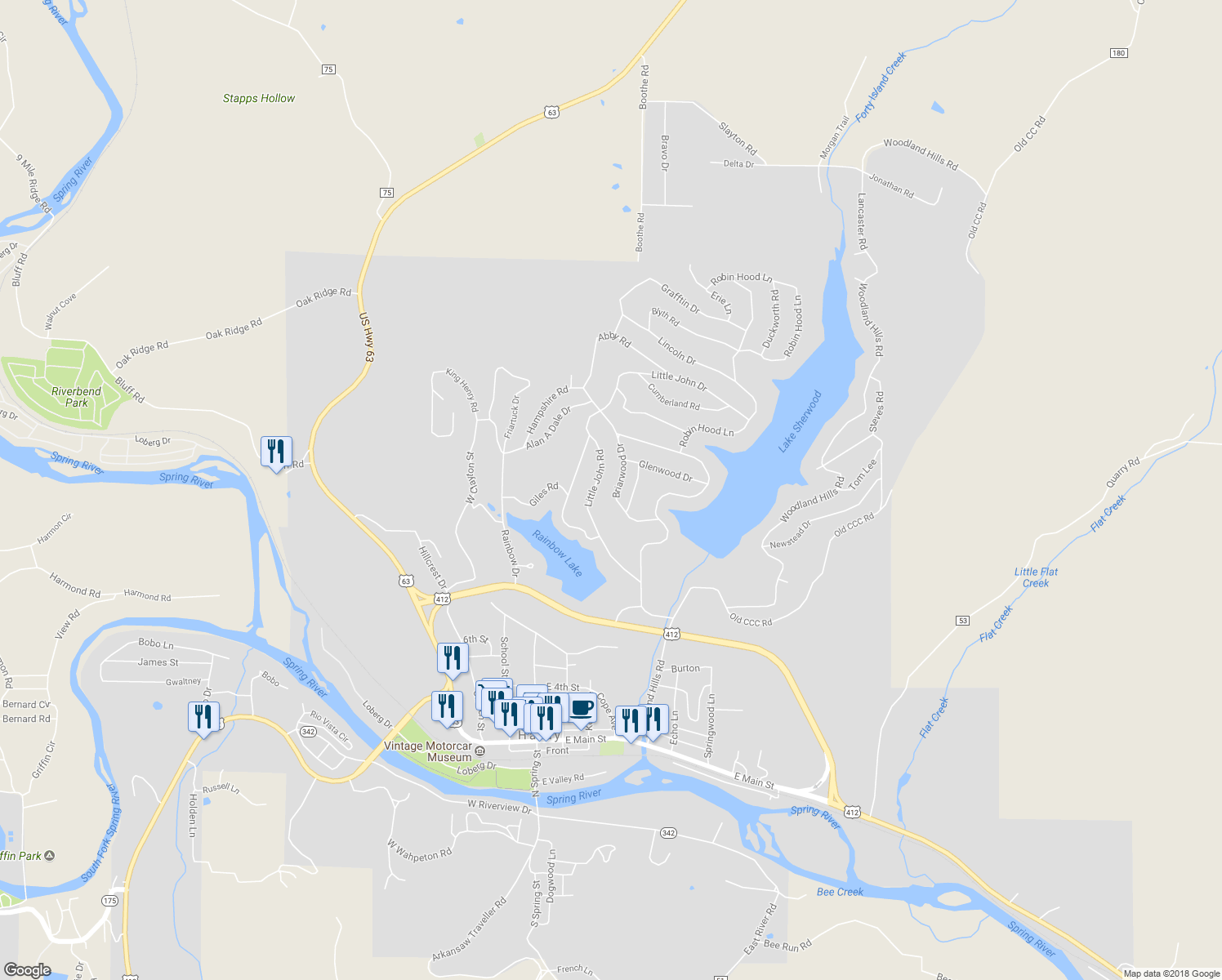 map of restaurants, bars, coffee shops, grocery stores, and more near 127 Briarwood Drive in Hardy