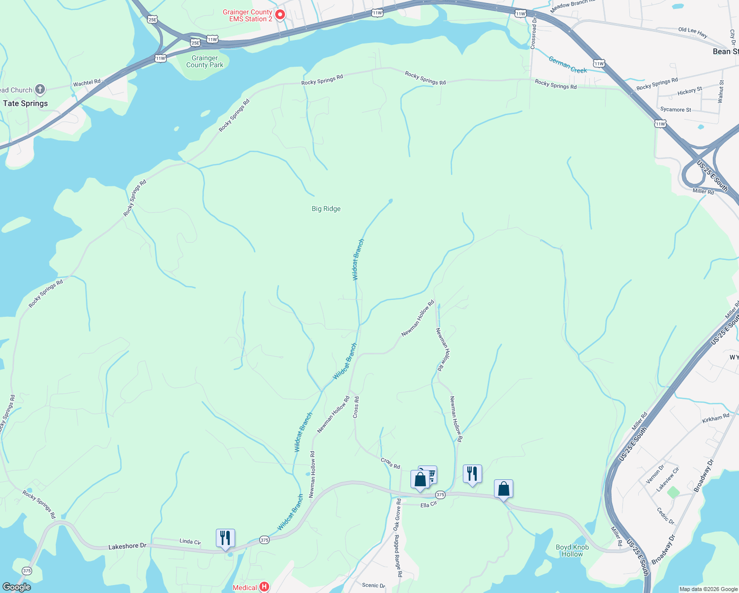 map of restaurants, bars, coffee shops, grocery stores, and more near 360 Hurst Hollow in Bean Station