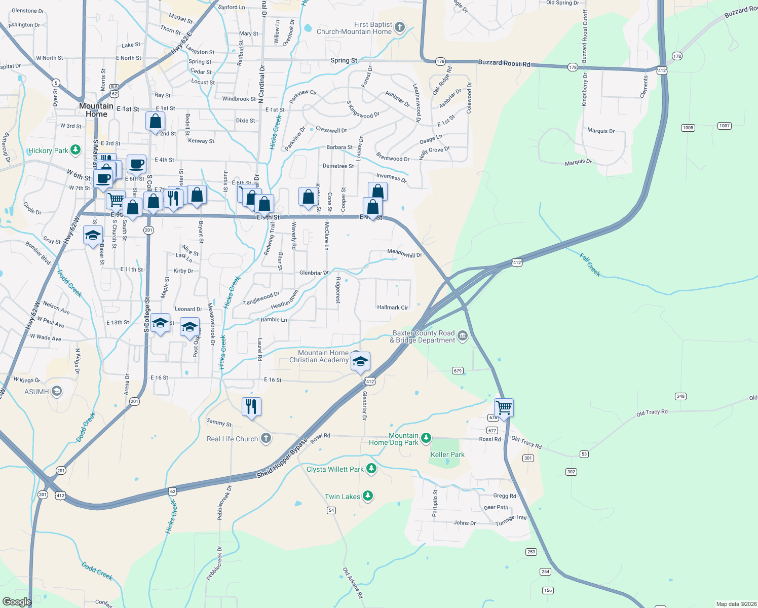 map of restaurants, bars, coffee shops, grocery stores, and more near 1301 Hallmark Circle in Mountain Home