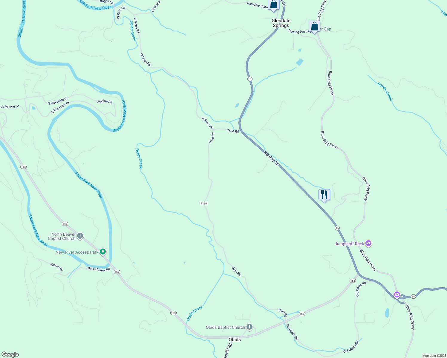 map of restaurants, bars, coffee shops, grocery stores, and more near 481 Glenn Bare Road in Jefferson