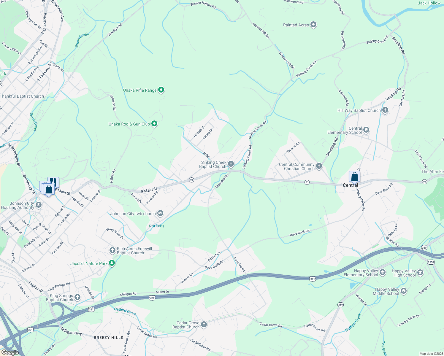 map of restaurants, bars, coffee shops, grocery stores, and more near 118 Greenlee Road in Johnson City