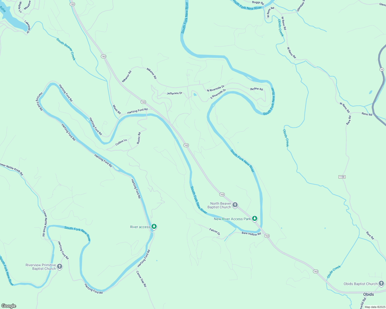 map of restaurants, bars, coffee shops, grocery stores, and more near Heritage River Road in Ashe County