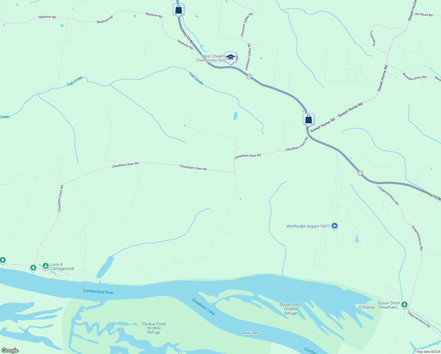 map of restaurants, bars, coffee shops, grocery stores, and more near 1327 Cheatham Dam Road in Ashland City