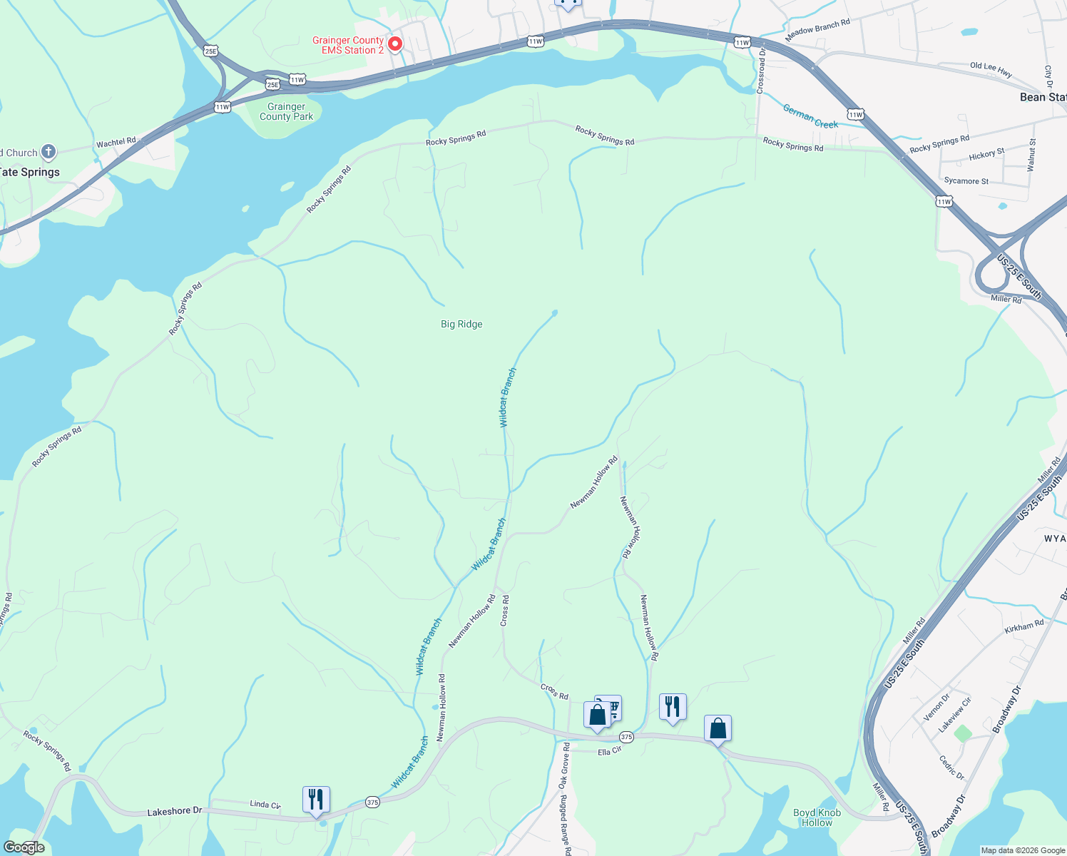 map of restaurants, bars, coffee shops, grocery stores, and more near 360 Hurst Hollow in Bean Station