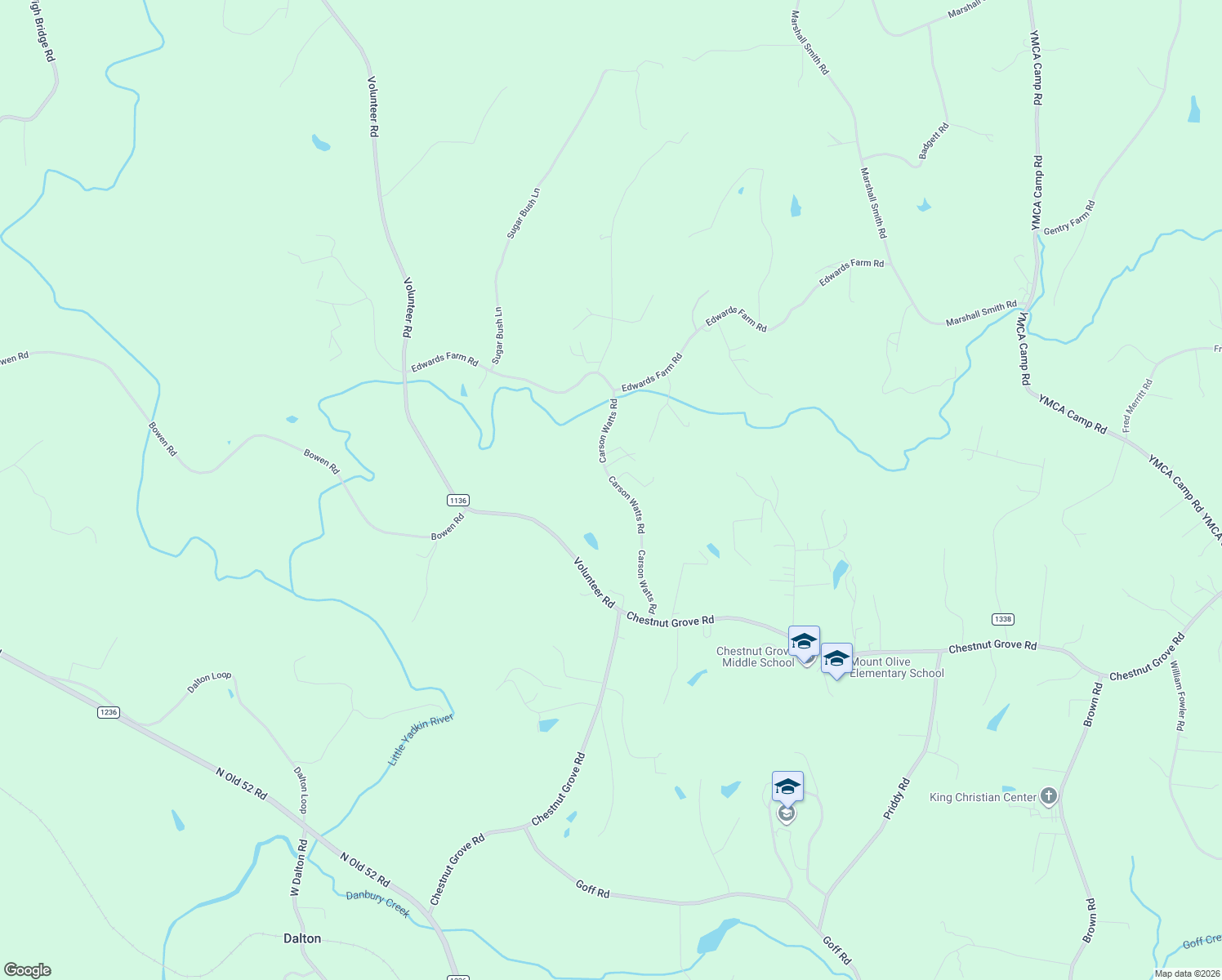 map of restaurants, bars, coffee shops, grocery stores, and more near 1219 Carson Watts Road in King