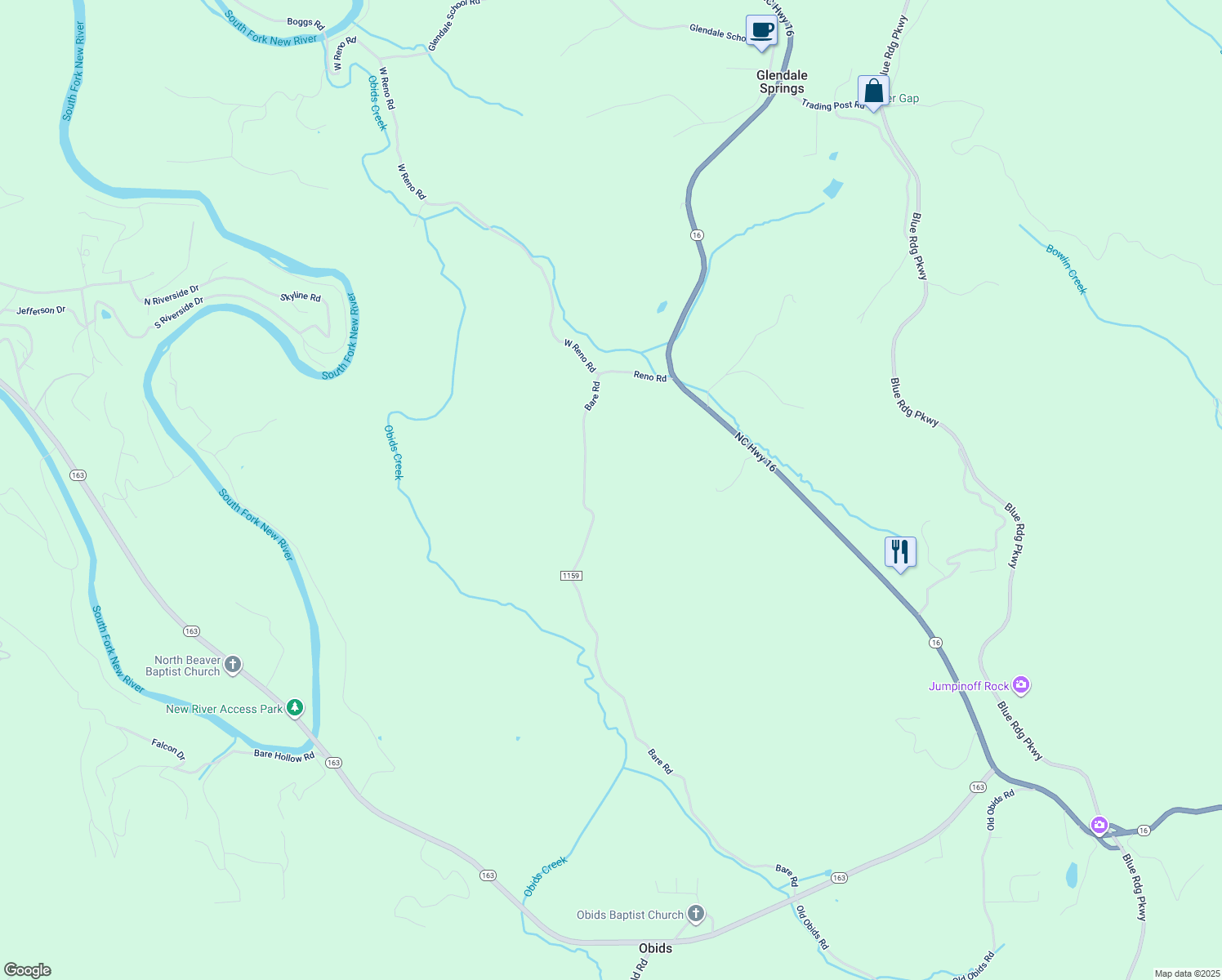 map of restaurants, bars, coffee shops, grocery stores, and more near 411 Glenn Bare Road in Jefferson